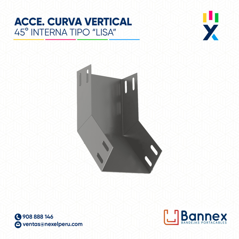 CURVA VERTICAL INTERNA 45° GALV. TIPO "LISA" 450x150MM 1.5MM C/TAPA INC. UNION BANNEX