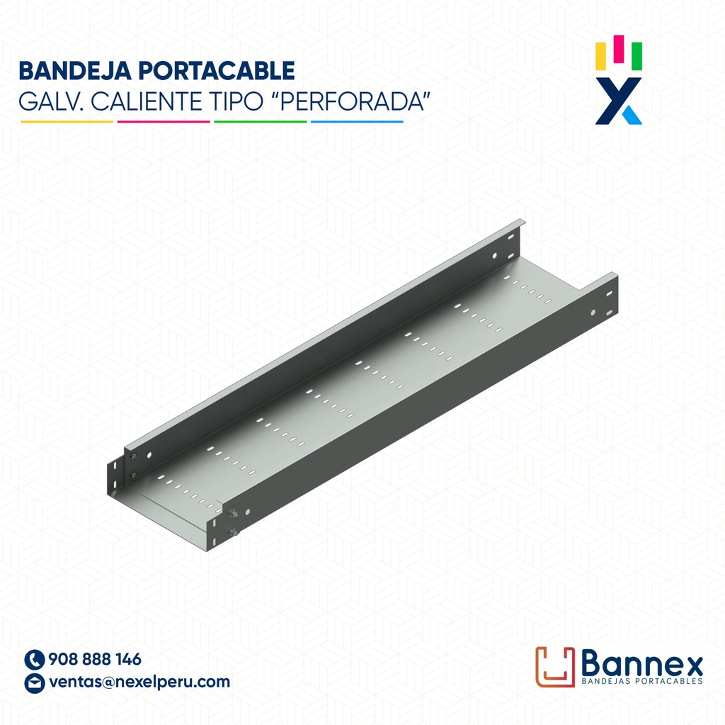 BANDEJA MET. GALV. CALIENTE. PORTACABLE TIPO "PERFORADA" 200x100x2400MM 1.5MM C/TAPA INC. UNION BANNEX
