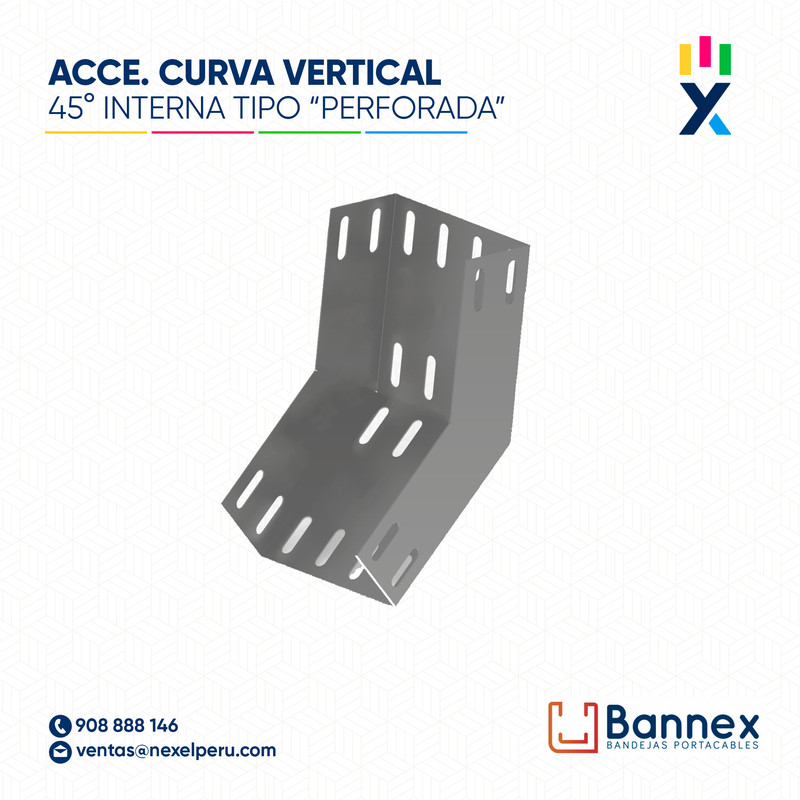 CURVA VERTICAL INTERNA 45° GALV. TIPO "PERFORADA" 200x150MM 1.5MM S/TAPA INC. UNION BANNEX