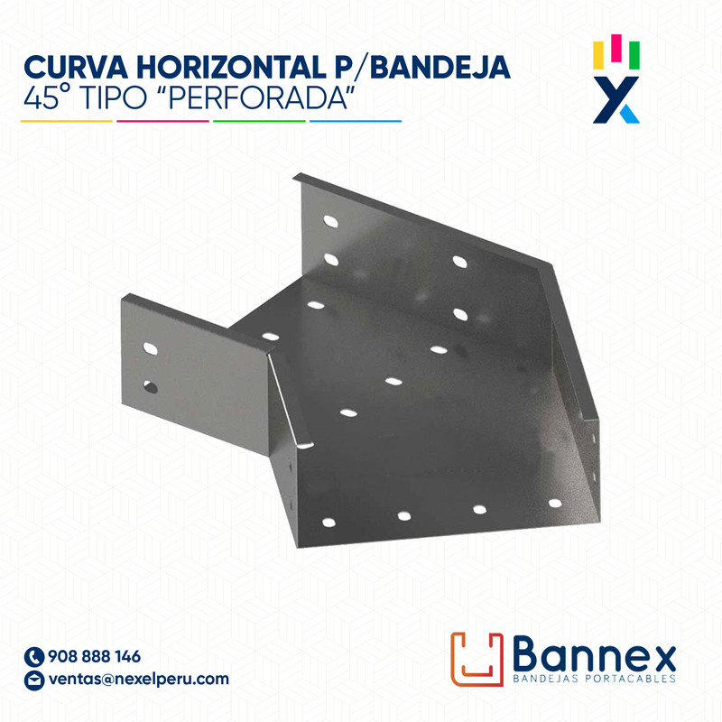 CURVA HORIZONTAL 45° GALV. TIPO "PERFORADA" 200x60MM 1.2MM C/TAPA INC. UNION BANNEX