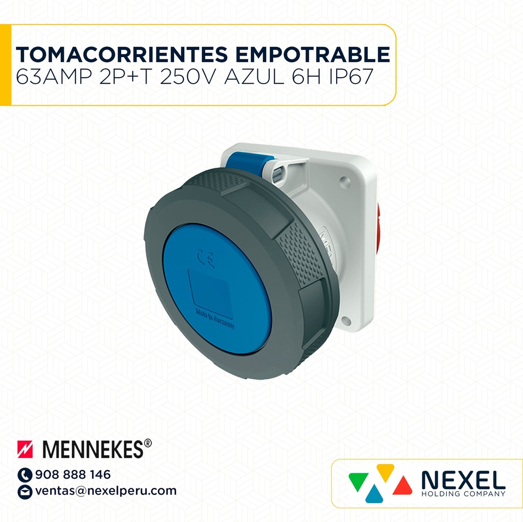 TOMACORRIENTES EMPOTRABLE 63AMP 2P+T 250V AZUL 6H IP67 1264A