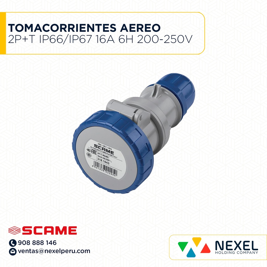 TOMACORRIENTES AEREO 2P+T IP66/IP67 16A 6H 200-250V TYP:318.1643 SCAME