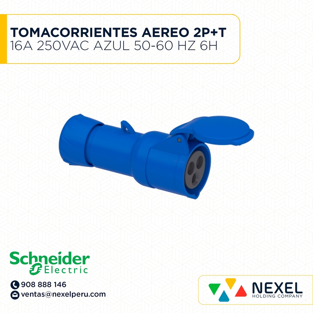 OUT- TOMACORRIENTES AEREO 2P+T 16A 250VAC AZUL 50-60 HZ 6H IP44 PRATIKA PKY16M423 SCHNEIDER