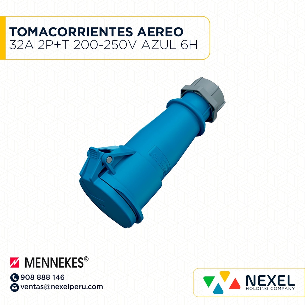 TOMACORRIENTES AEREO 32A 2P+T 200-250V AZUL 6H IP44- TYP/522 MENNEKES