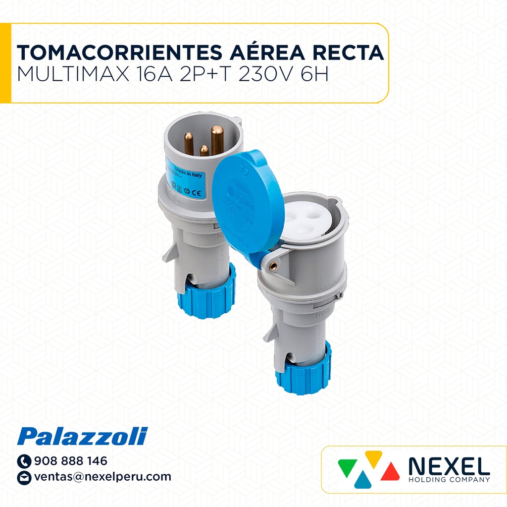 TOMACORRIENTES AÉREA RECTA MULTIMAX 16A 2P+T 230V 6H IP44 720126 PALAZZOLI