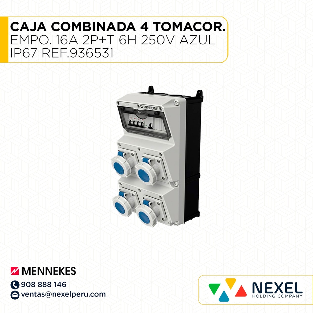 CAJA COMBINADA 4 TOMACORRIENTE EMPOTRABLE 16A 2P+T 6H 250V AZUL IP67. C/ 4 INT. TERMICO 1X16A ABB + 1 DIF 2X40A ABB REF.936531 MENNEKES
