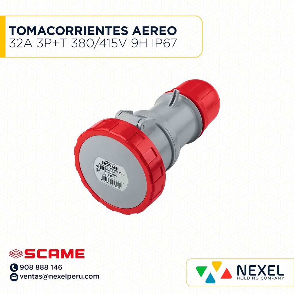 TOMACORRIENTES AEREO 32A 3P+T 380/415V 9H IP67 318.3246 ROJO SCAME