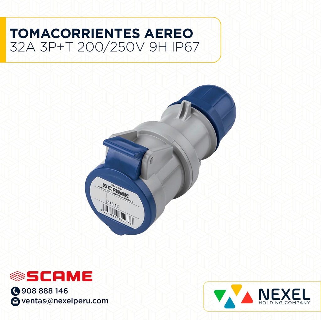 TOMACORRIENTES AEREO 32A 3P+T 200/250V 9H IP67 AZUL 318.3244 SCAME