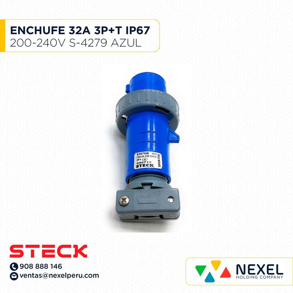 ENCHUFE 32A 3P+T 220/240V 9H IP67 S-4279W AZUL STECK