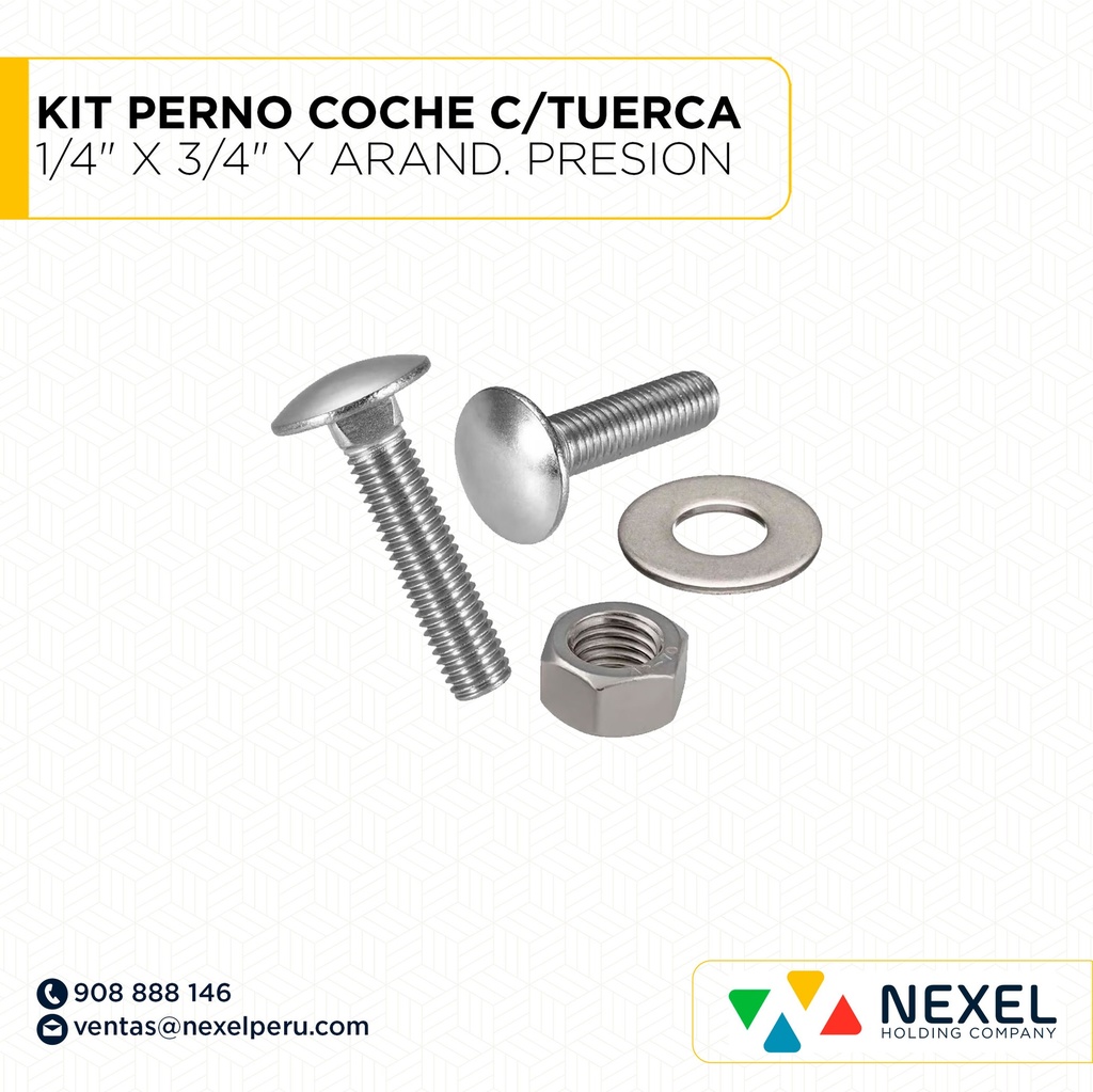 KIT PERNO COCHE 1/4" X 3/4" C/TUERCA Y ARAND. PRESION