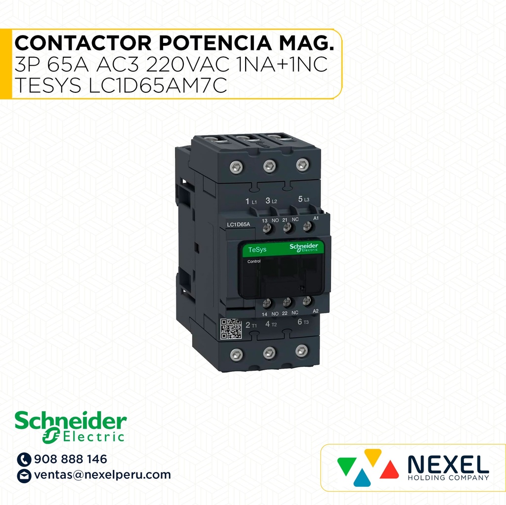 CONTACTOR POTENCIA MAGNETICO 3P 65A AC3 220VAC 1NA+1NC TESYS LC1D65AM7C SCHNEIDER