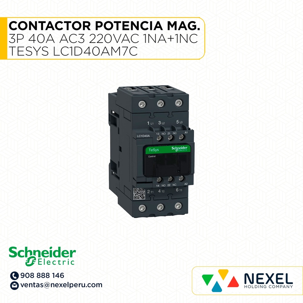 CONTACTOR POTENCIA MAGNETICO 3P 40A AC3 220VAC 1NA+1NC TESYS LC1D40AM7C SCHNEIDER