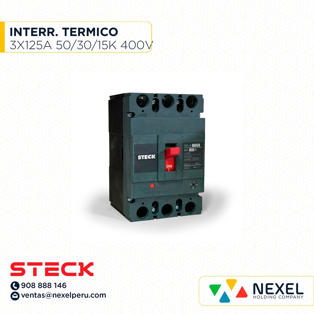INTERRUPTOR TERMICO 3X125A (100-125A). 50/30/18KA EN 220/400/440V / SD-AT125 (EXHIBICION - NO VENTA) STECK