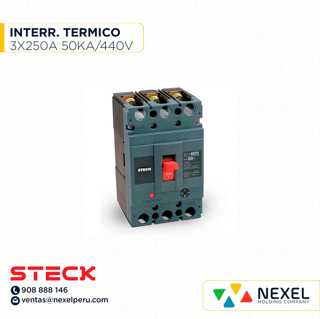 INTERRUPTOR TERMOMAGNETICO 3X250A (200-250A). 50/30/18KA EN 220/440V SD-AT250(OULET SIN PASANTE7CAJA) STECK