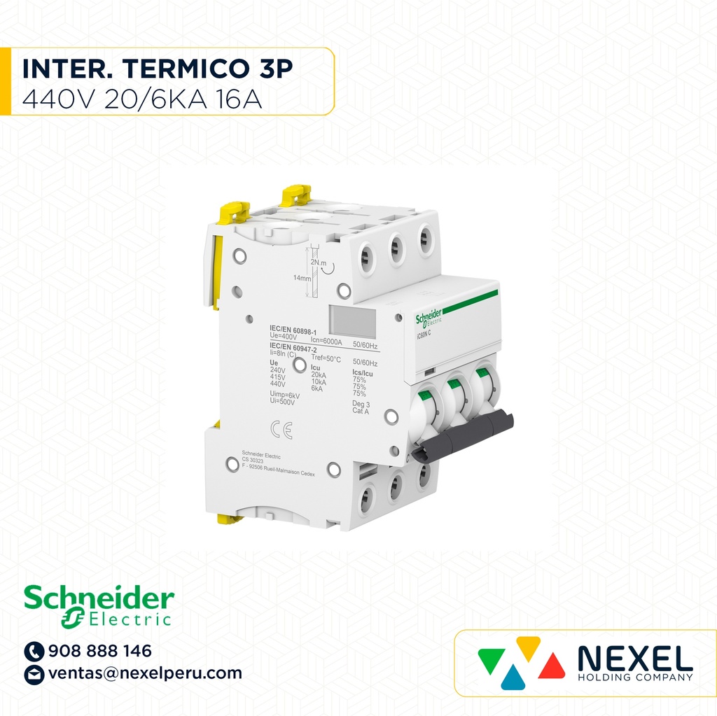 INTERRUPTOR AUT TERMOMAG P/RIEL 3P 16A 230/440VAC 20/6KA IC60N A9F74316 SCHNEIDER (OUTLET)
