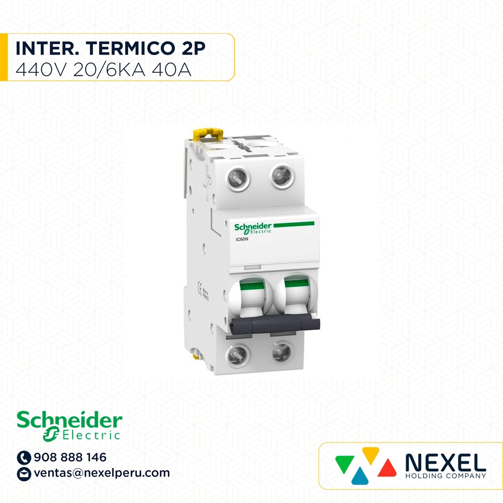 INTERRUPTOR AUT TERMOMAG P/RIEL 2P 40A 230/440VAC 20/6KA IC60N A9F74240 SCHNEIDER