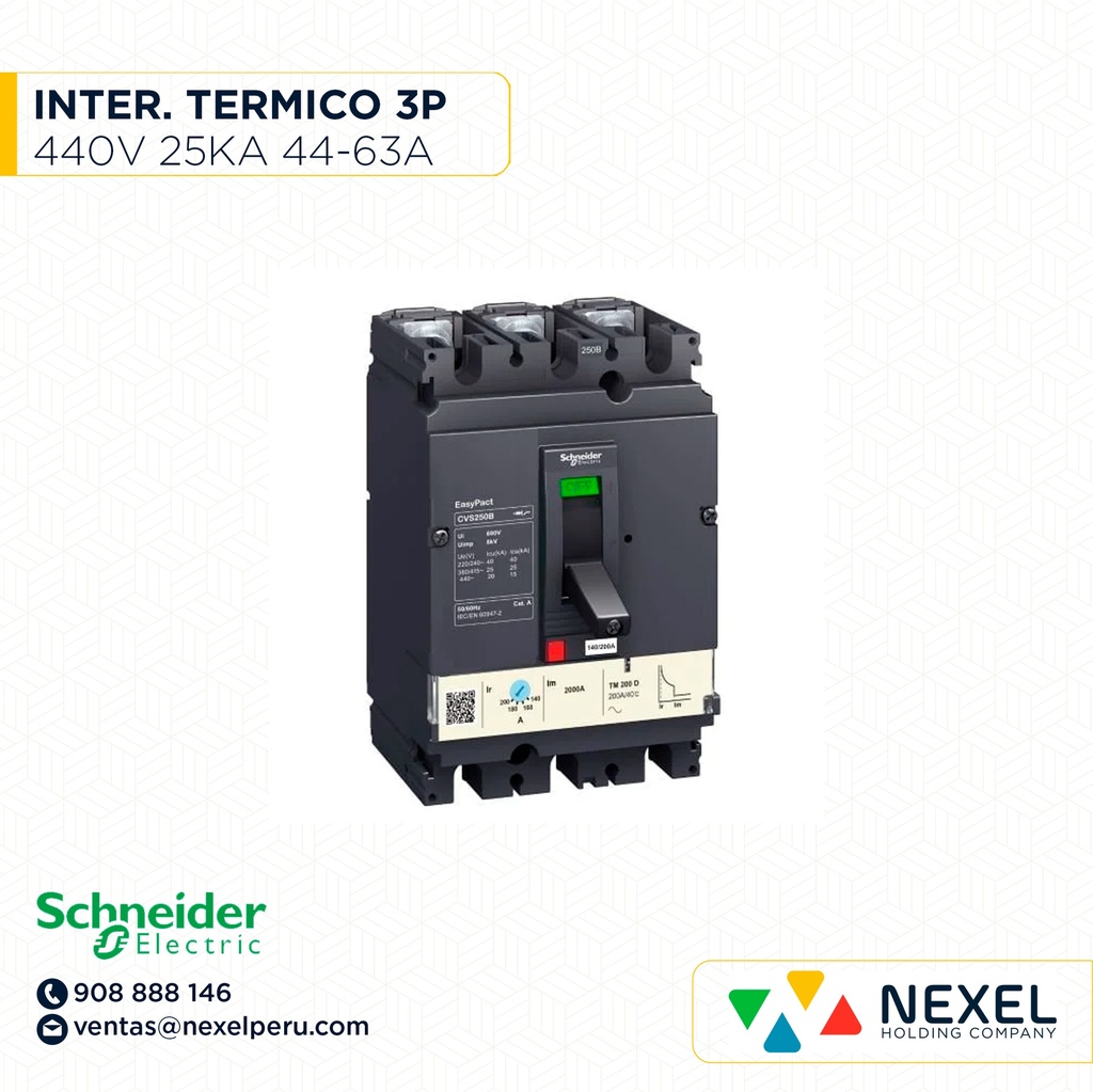INTERRUPTOR AUT CAJA MOLD 3P REGUL 44.1-63A 25KA 440VAC EASYPACT CVS100B LV510305 SCHNEIDER