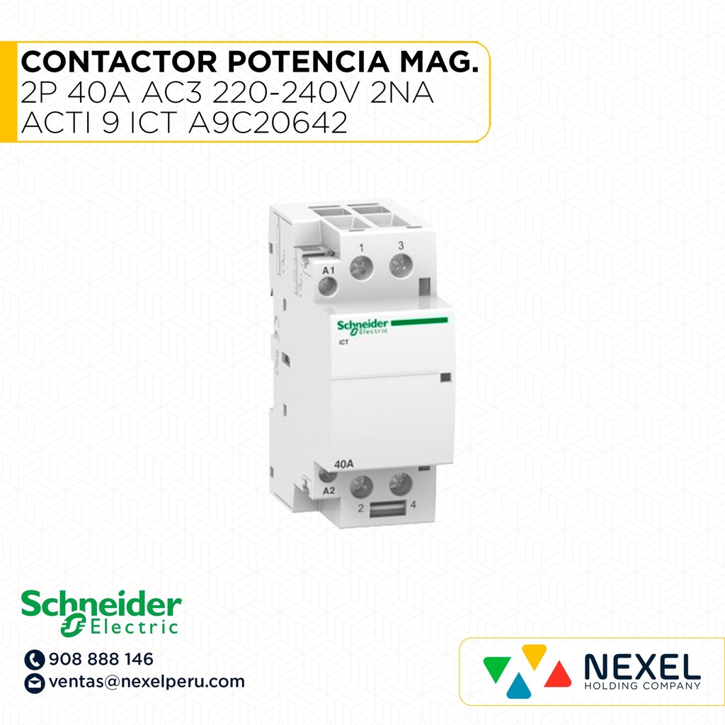 CONTACTOR POTENCIA MAGNETICO 2P 40A AC3 220-240V 2NA ACTI 9 ICT A9C20642 SCHNEIDER