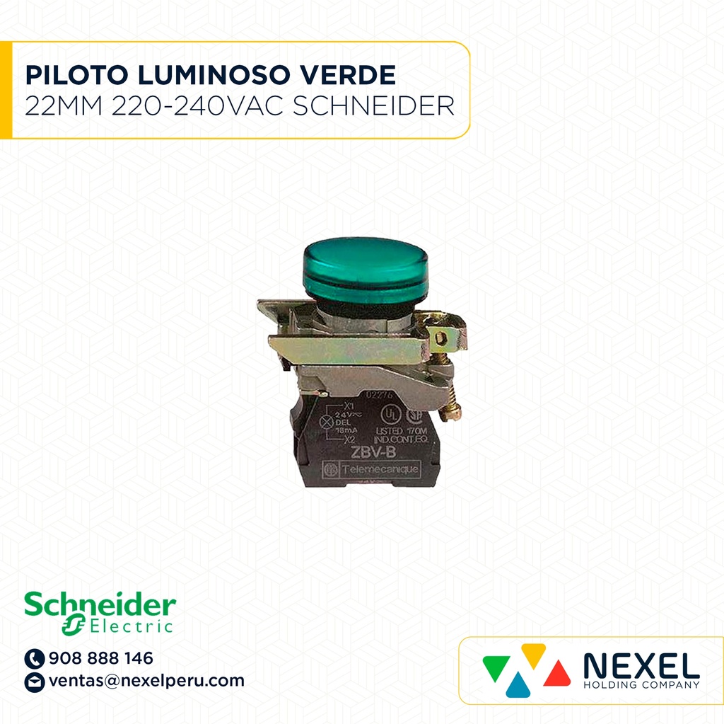 PILOTO RASANTE METAL VERDE 22MM 220-240VAC C/LED + BLOCK LUMINOSO LED VERDE 230-240VAC HARMONY ZBV6 SCHNEIDER