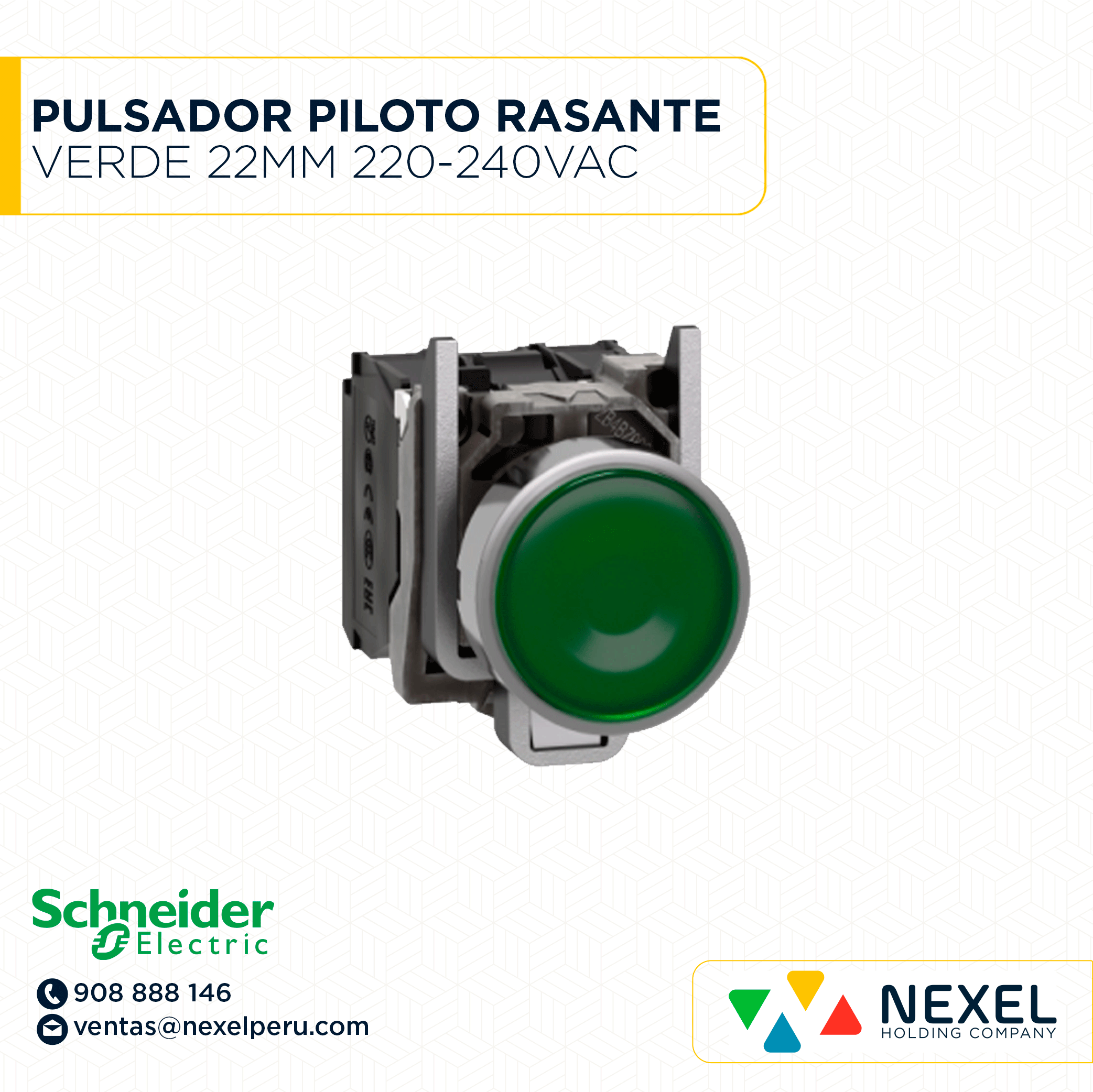 PULSADOR PILOTO RASANTE METAL VERDE 22MM 220-240VAC C/LED 1NA+1NC HARMONY XB4BW33M5 SCHNEIDER