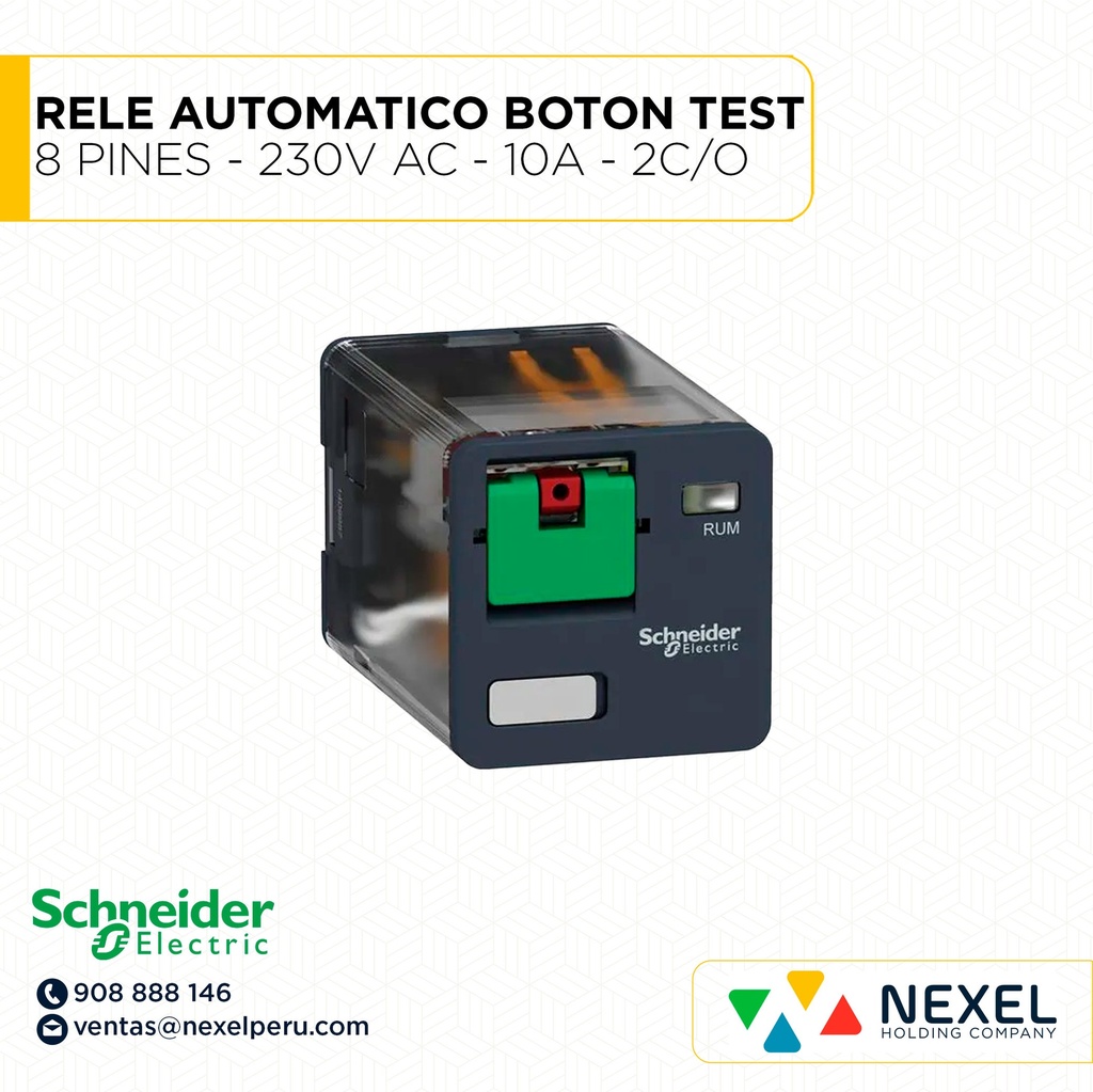 RELE UNIVERSAL AUTOMATICO BOTON DE TEST 8 PINES - 230V AC - 10A - 2C/O RUMC21P7 SCHNEIDER