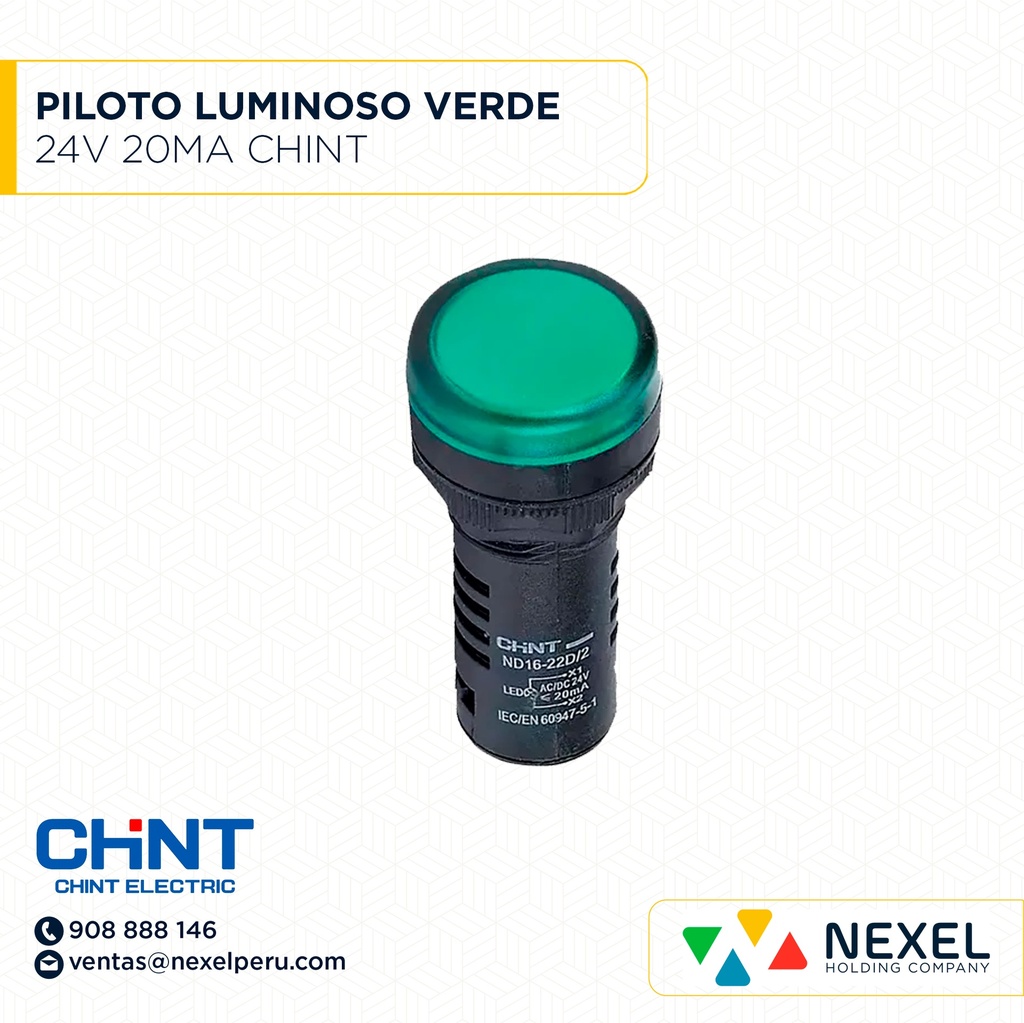 OUT- PILOTO LUMINOSO LED VERDE 24V 20MA CHINT