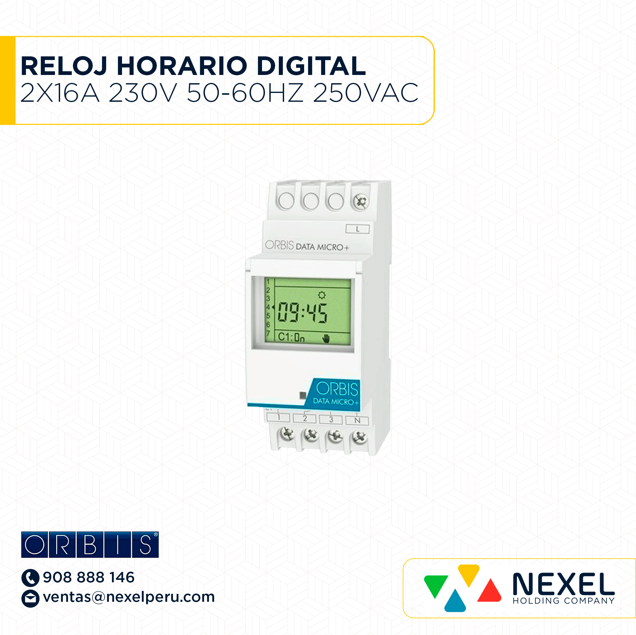 RELOJ HORARIO DIGITAL 2X16A 230V 50-60HZ 250VAC OB172012N ORBIS