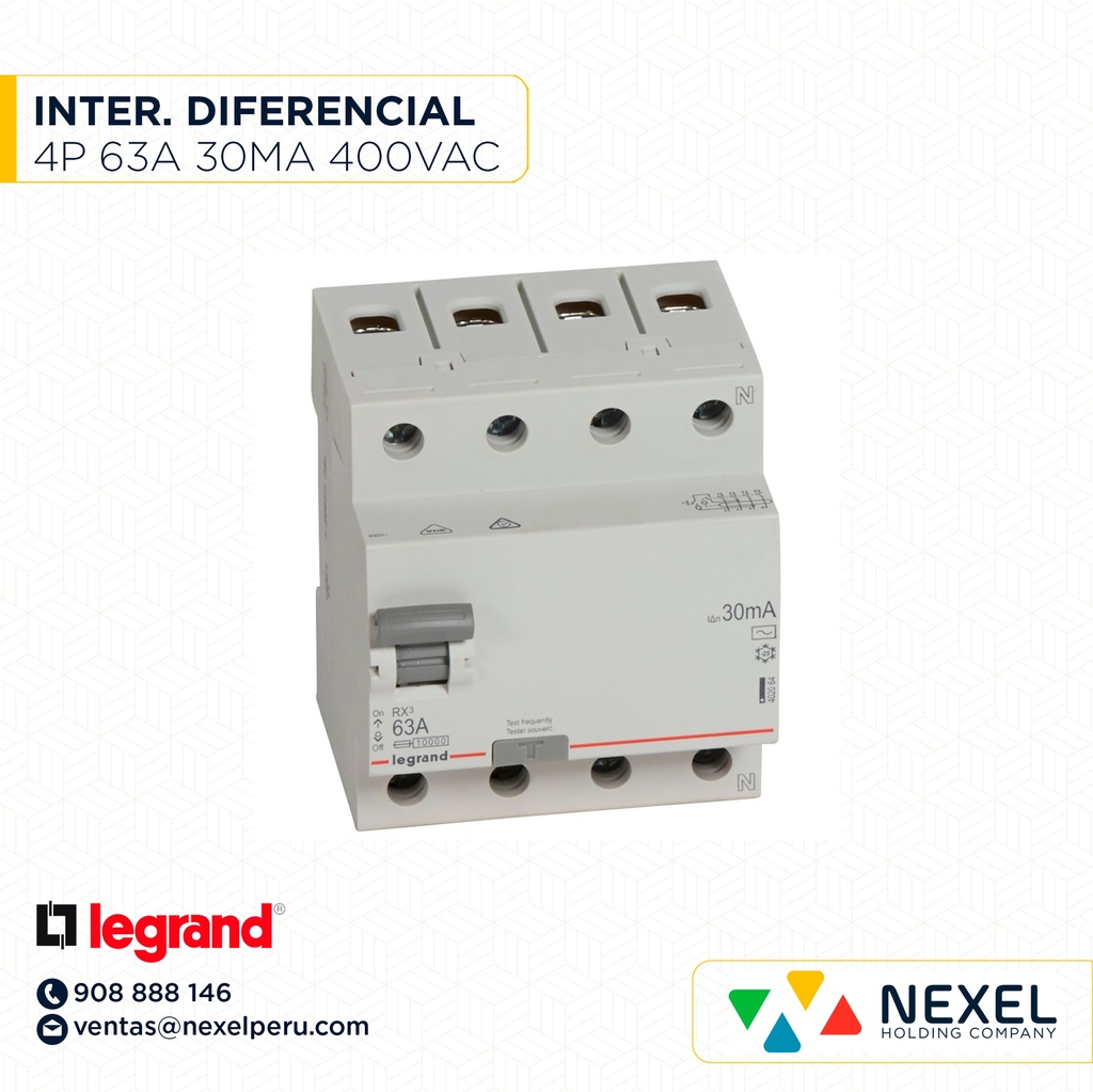 INTERRUPTOR DIFERENCIAL 4P 63A 400VAC 30MA TIPO AC RX3 402064 LEGRAND