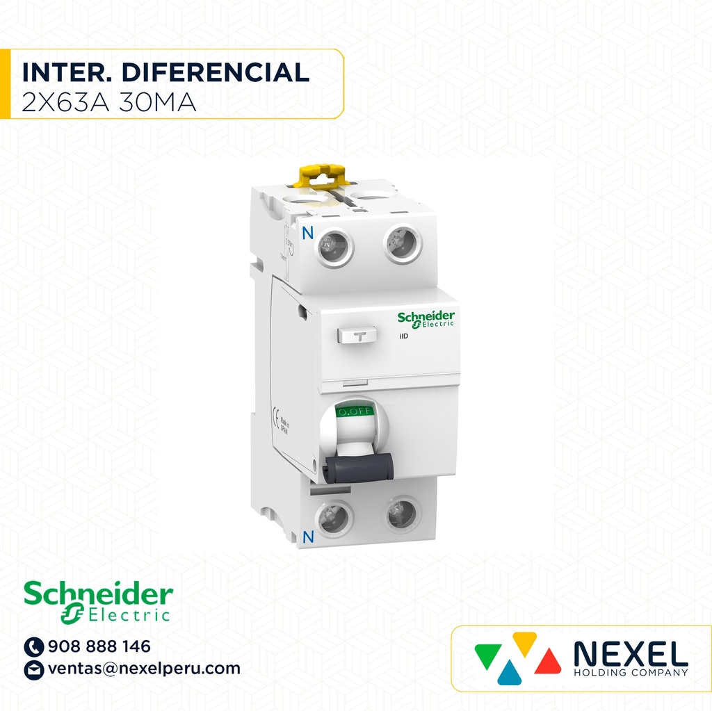 INTERRUPTOR DIFERENCIAL 2X63A 30MA ACTI9-ILD TIPO AC A9R71263 *** SCHNEIDER