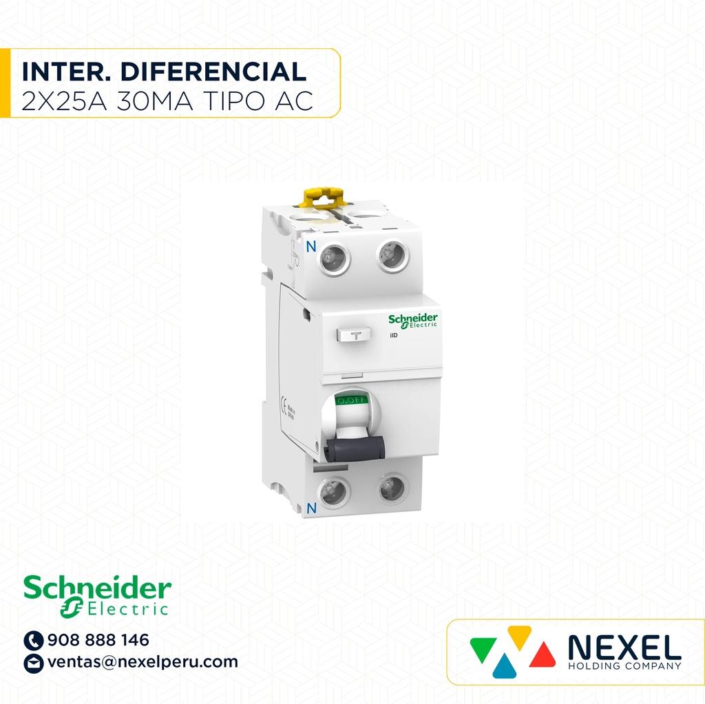 INTERRUPTOR DIFERENCIAL 2X25A 30MA ACTI9-ILD TIPO AC A9R71225 *** SCHNEIDER