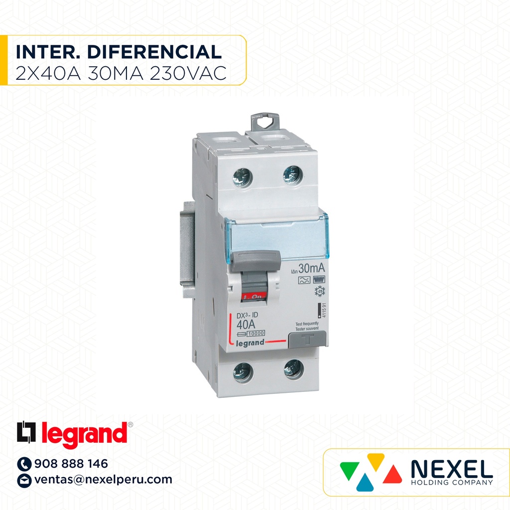 INTERRUPTOR DIFERENCIAL 2X40A 230VAC 30MA HPI DX3-ID 411591 LEGRAND