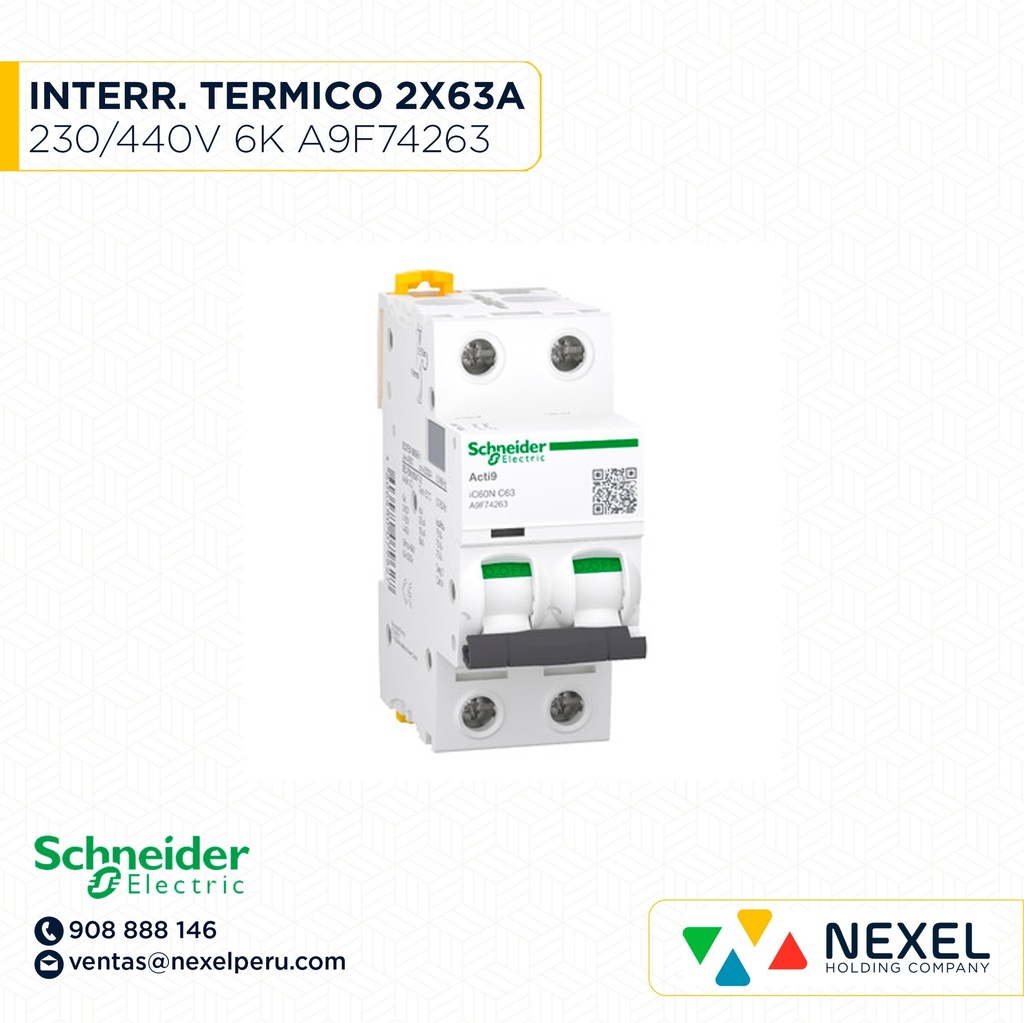INTERR. TERMICO 2X63A 230/440VAC 20/6KA IC60N A9F74263 SCHNEIDER