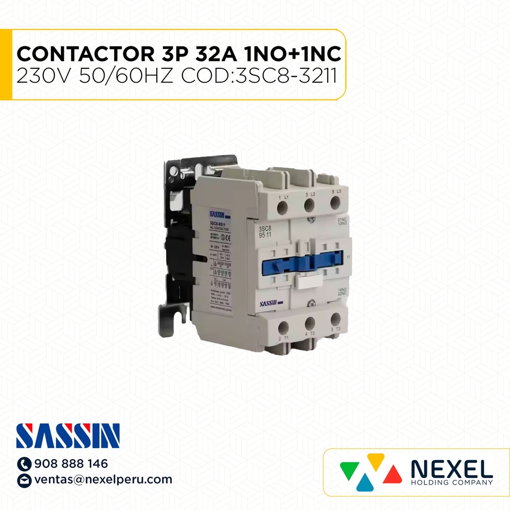CONTACTOR 3P 32A (1NO+1NC) 230V 50 / 60 HZ COD:3SC8-3211 SASSIN