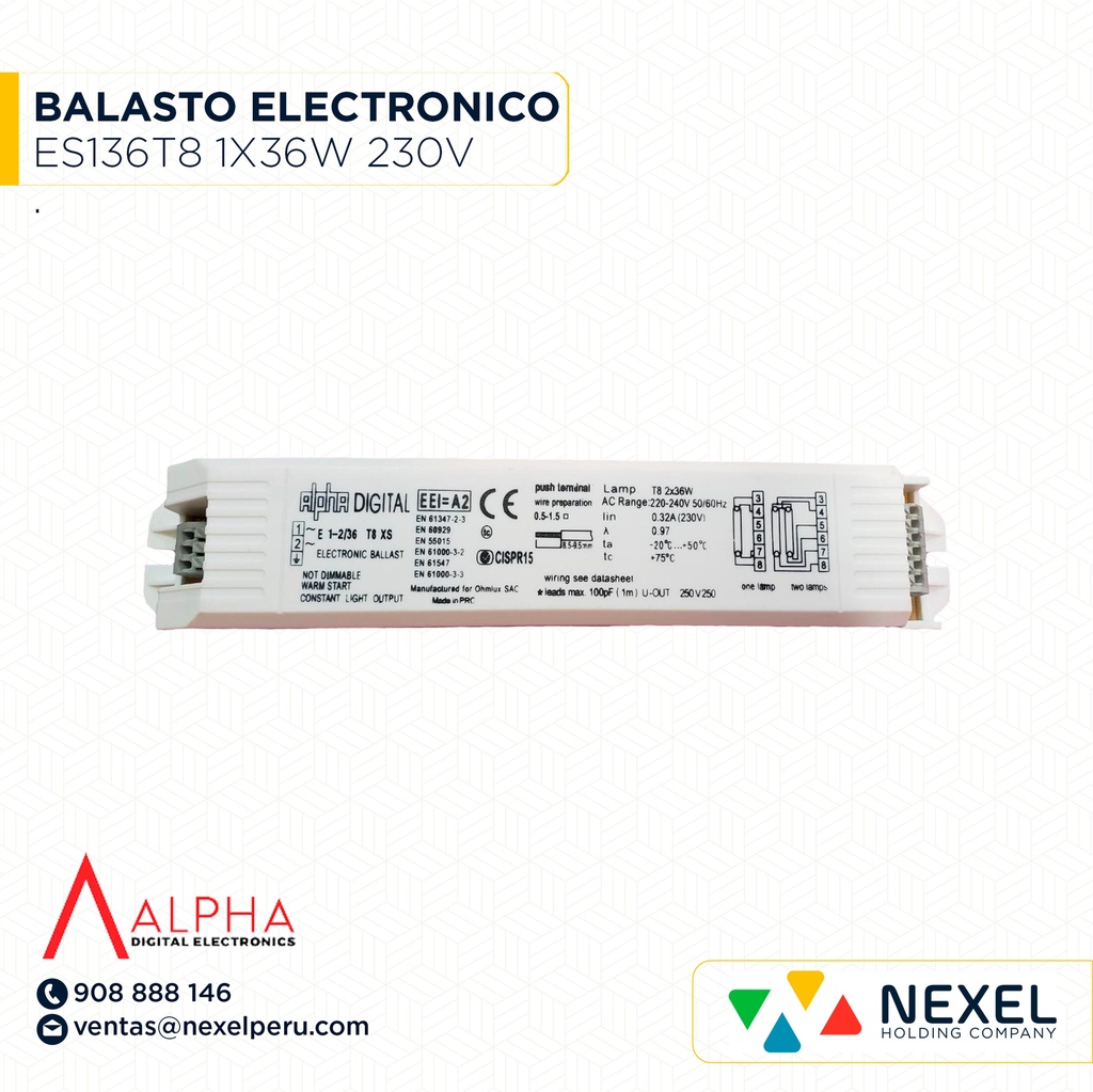 BALASTO ELECTRONICO ES136T8 1X36W 220-230V 50/60HZ ALPHA DIGITAL