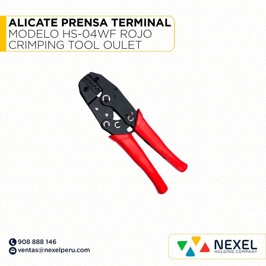ALICATE PRENSA TERMINAL MODELO HS-04WF ROJO CRIMPING TOOL OULET (LA EMPAQUETADURA ESTAN ROTOS Y EN UNO DE LOS PERNOS DE UN ALICATE TIENE OXIDO )