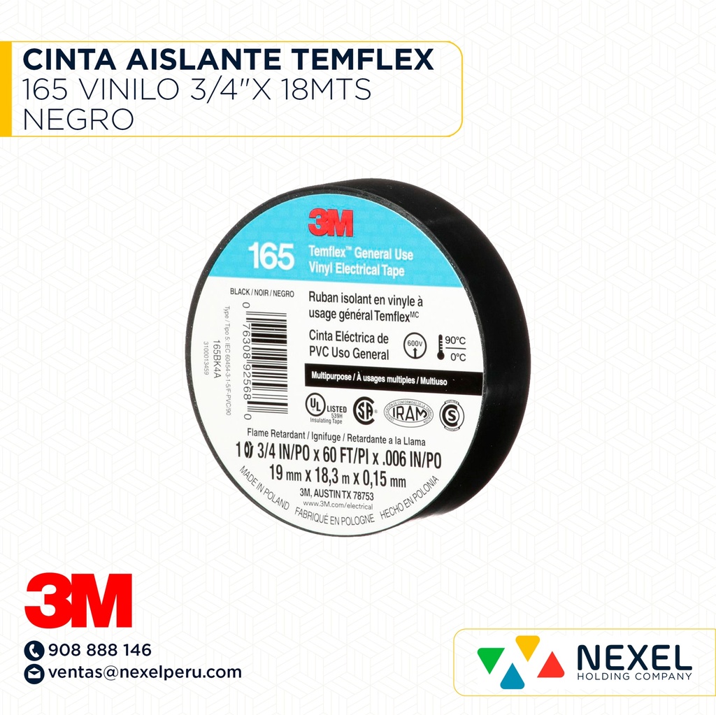 CINTA AISLANTE TEMFLEX 165 VINILO 3/4"X 18MTS NEGRO 3M