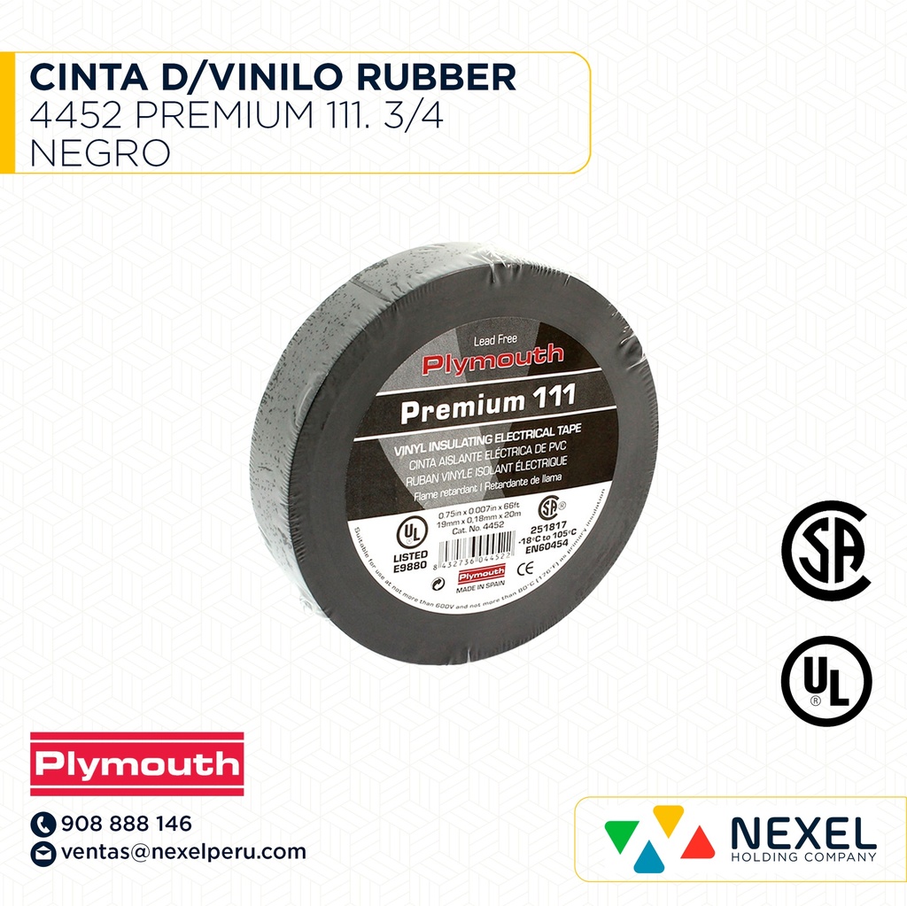 CINTA D/VINILO RUBBER 4452 PREMIUM 111. 3/4 NEGRO PLYMOUTH