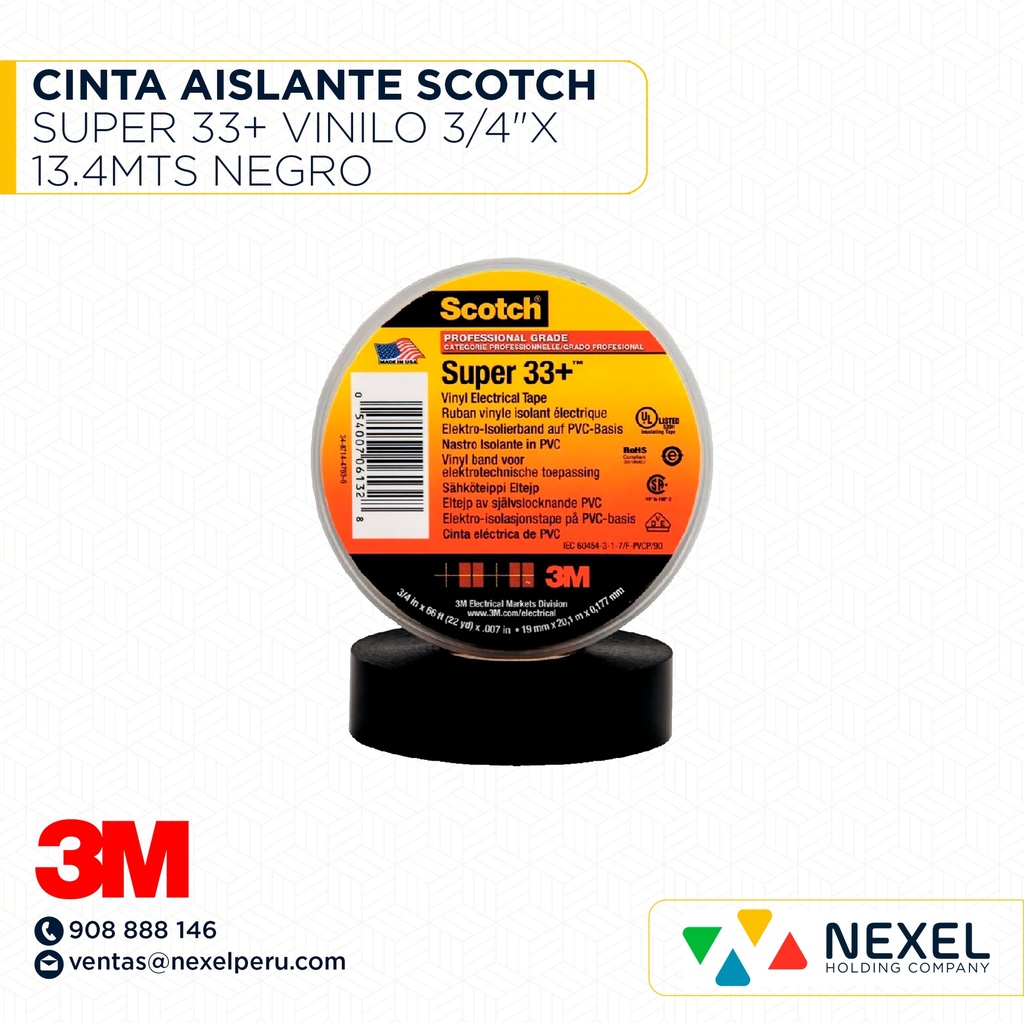 CINTA AISLANTE SCOTCH SUPER 33+ VINILO 3/4"X 13.4MTS NEGRO 3M