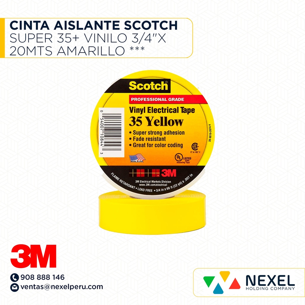 CINTA AISLANTE SCOTCH SUPER 35+ VINILO 3/4"X 20MTS AMARILLO *** 3M