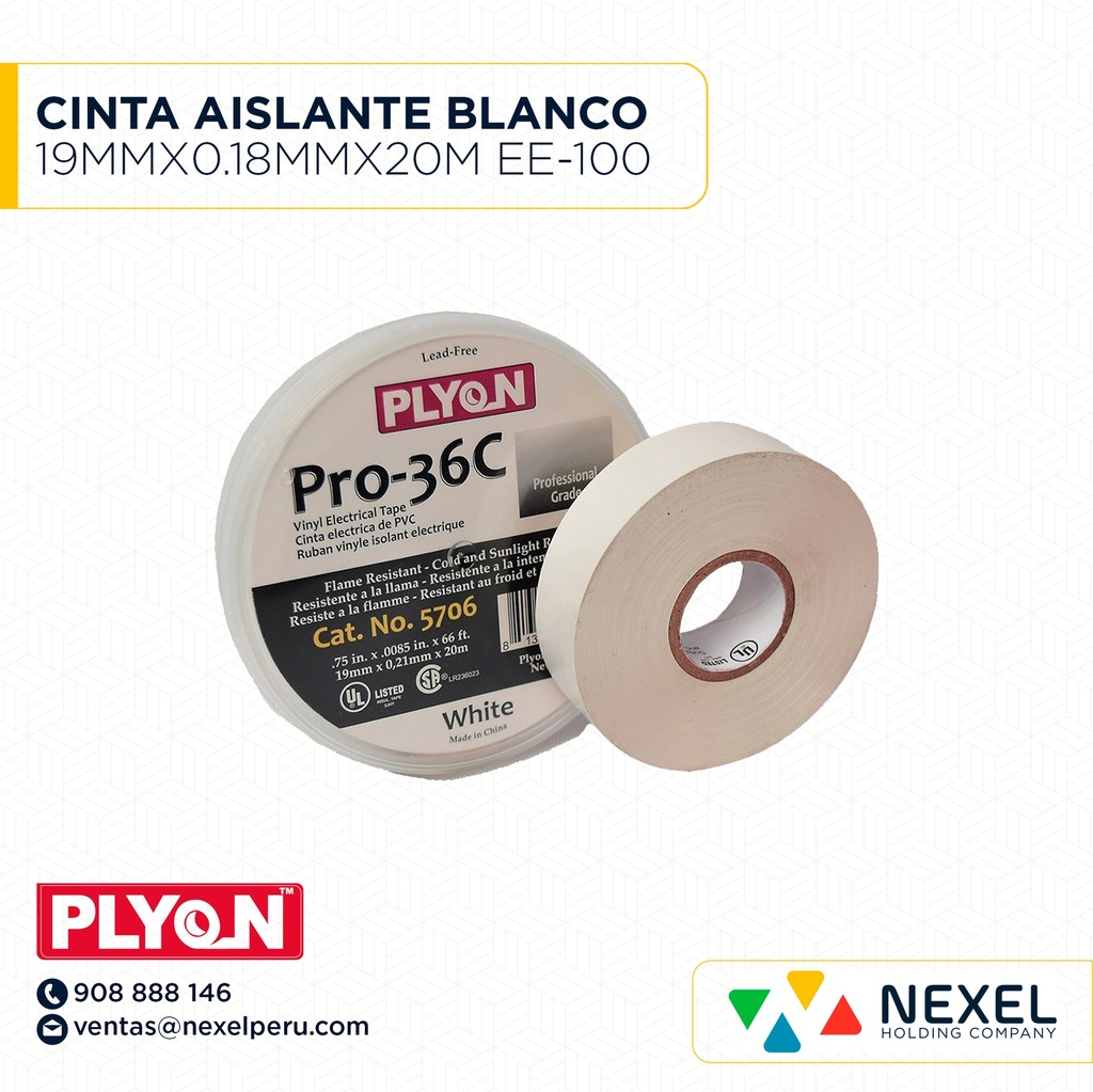 CINTA AISLANTE BLANCO 19MMX0.18MMX20M EE-100 PLYON