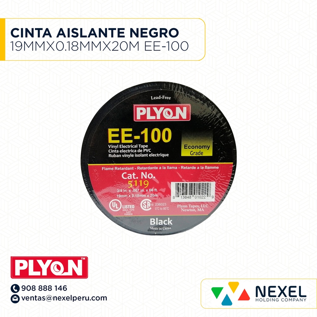 CINTA AISLANTE NEGRO 19MMX0.18MMX20M EE-100 PLYON