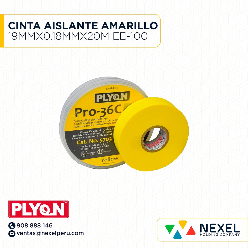 CINTA AISLANTE AMARILLO 19MMX0.18MMX20M EE-100 PLYON