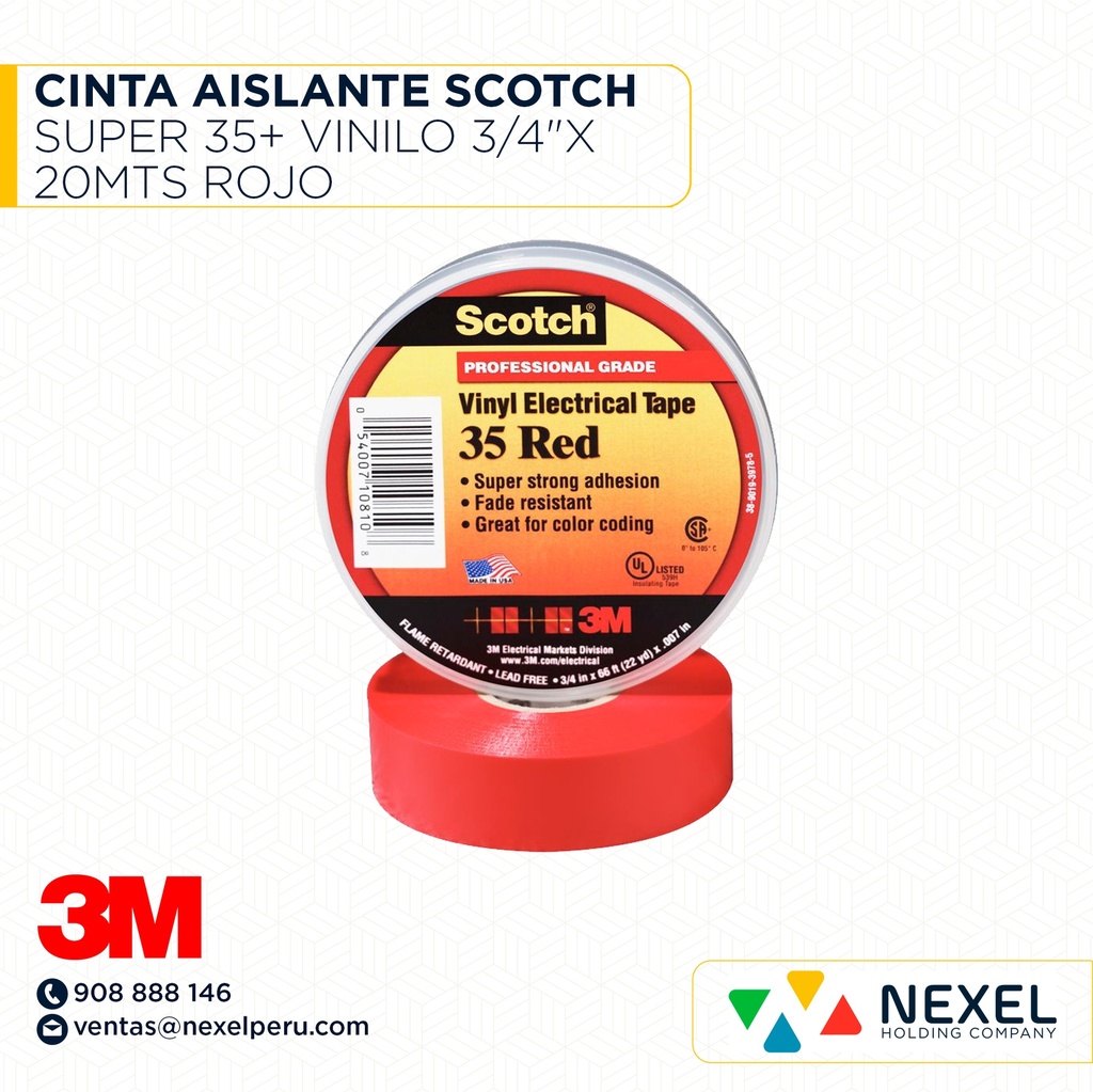 CINTA AISLANTE SCOTCH SUPER 35+ VINILO 3/4"X 20MTS ROJO 3M