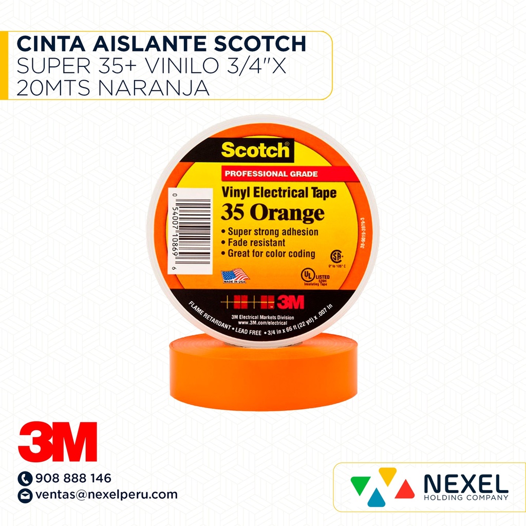 CINTA AISLANTE SCOTCH SUPER 35+ VINILO 3/4"X 20MTS NARANJA 3M