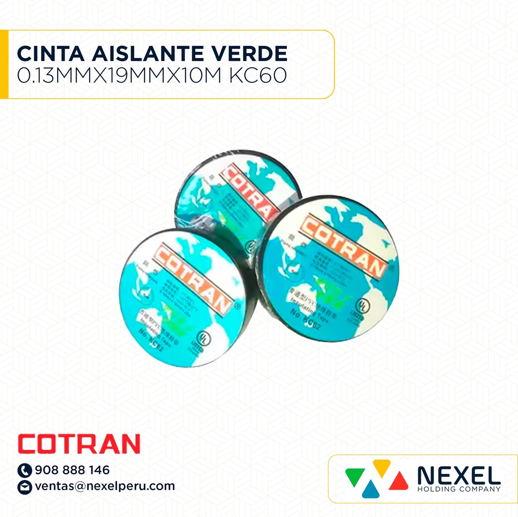 CINTA AISLANTE VERDE 0.13MMX19MMX10M KC60 COTRAN