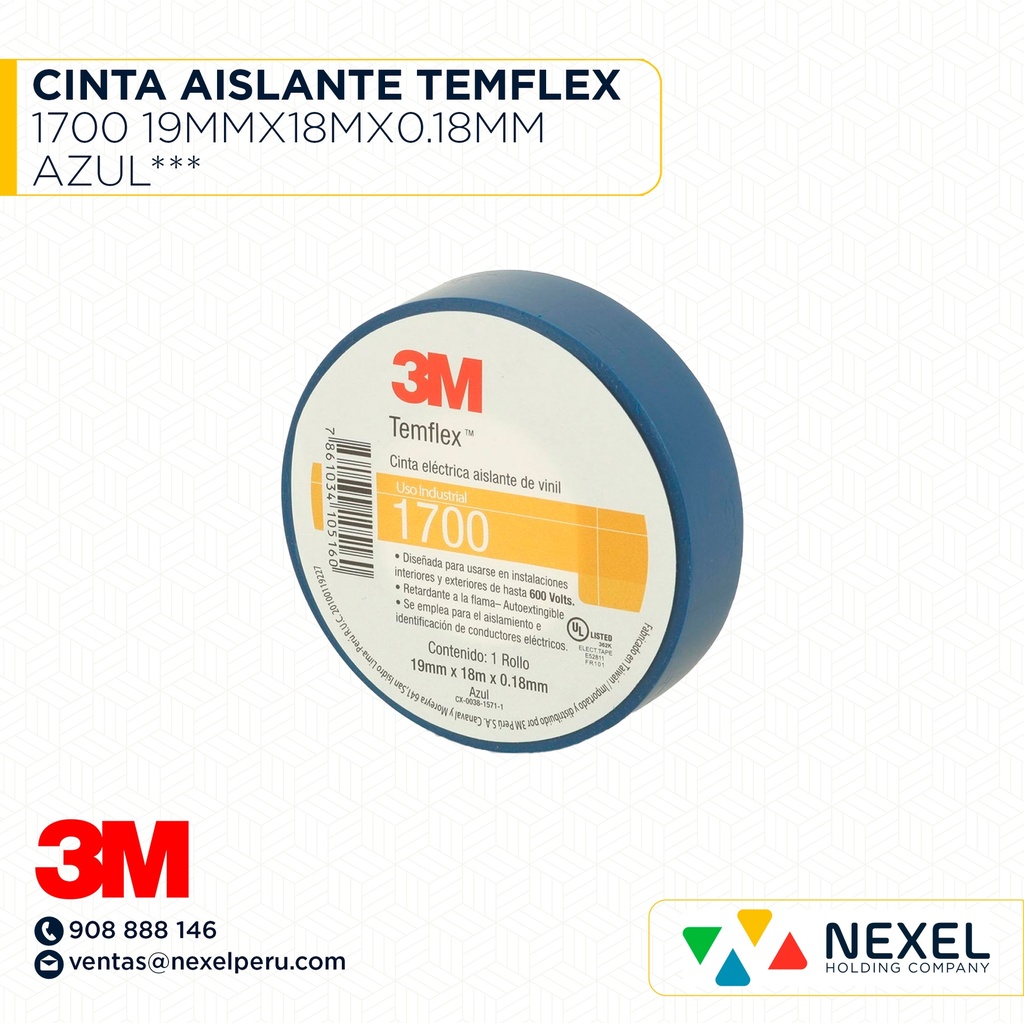 CINTA AISLANTE TEMFLEX 1700 19MMX18MX0.18MM AZUL*** 3M