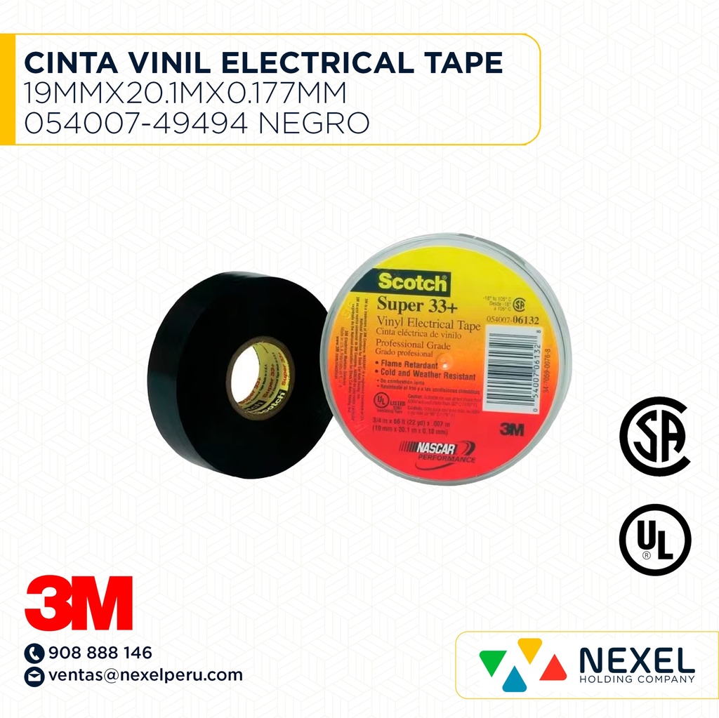 CINTA VINIL ELECTRICAL TAPE 19MMX20.1MX0.177MM 054007-49494 NEGRO