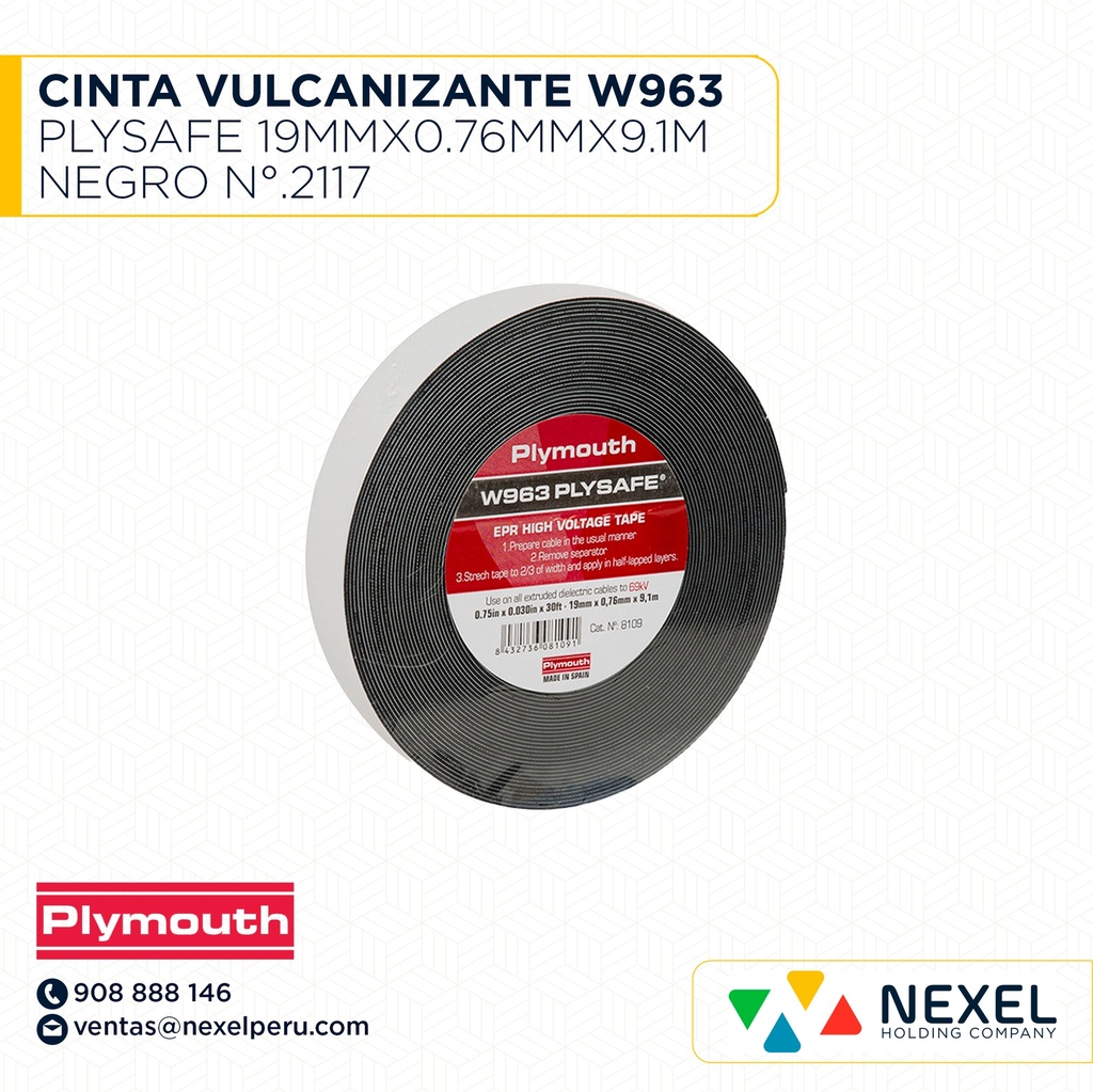 CINTA VULCANIZANTE W963 PLYSAFE 19MMX0.76MMX9.1M NEGRO N°.2117 PLYMOUTH