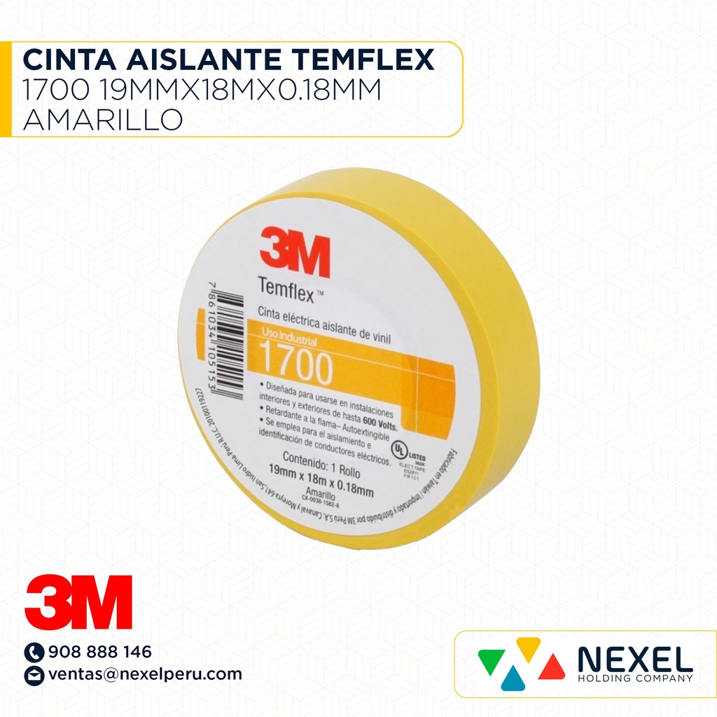 CINTA AISLANTE TEMFLEX 1700 19MMX18MX0.18MM AMARILLO 3M