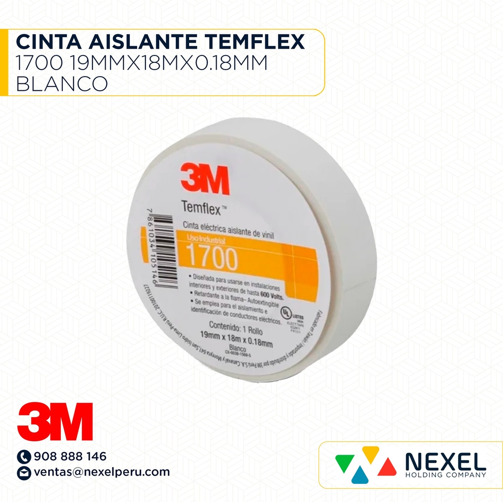 CINTA AISLANTE TEMFLEX 1700 19MMX18MX0.18MM BLANCO 3M